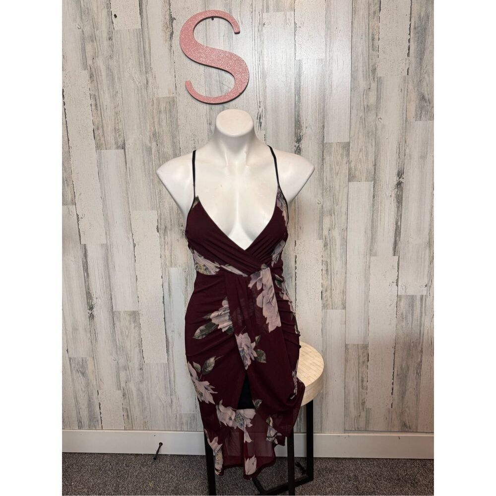 Ipona Collection Burgundy Floral Wrap Midi Dress Women’s Size S